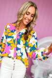 Multicolor Magenta Gold Floral V Neck Lantern Sleeve Blouse