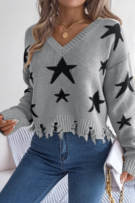 Raw Hem Star Knitting Sweater