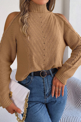 Turtleneck Cold Shoulder Cable Knitting Sweater