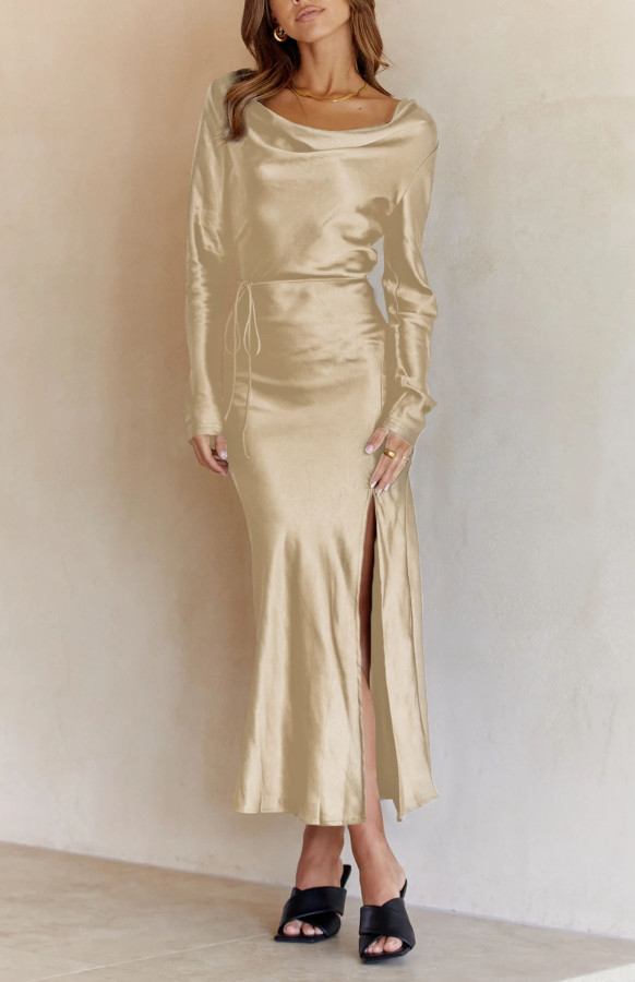 Apricot Drape Neck Tie Waist Long Sleeve Slit Dress