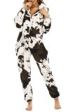 Cow Print Hooded Zipper Fleece One Piece Jumpsuit