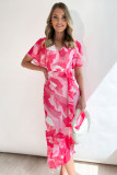 Rose Abstract Print Asymmetric Ruffle Hem Belted Dress