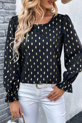 Gold Stamp Black Puff Sleeves Top