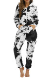 Cow Print Hooded Zipper Fleece One Piece Jumpsuit