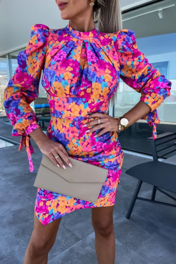 Rose Floral Bow Tie Long Sleeve Mock Neck Ruched Dress