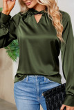 Green V Neck Satin Puff Sleeves Blouse