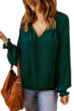Green Pleated V Neck Puffy Sleeve Blouse