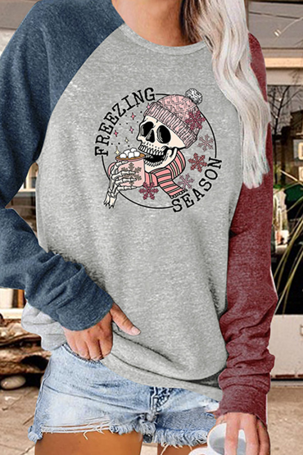 Freezing Season Skull Print Color Block Sleeves Plus Size Top