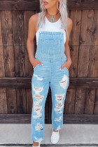 Sky Blue Constructed Bib Pocket Distressed Denim Overalls