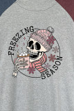 Freezing Season Skull Print Color Block Sleeves Plus Size Top