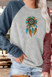 Ethnic Feather Color Block Sleeves Plus Size Top