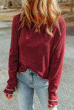 Red Brown Textured Round Neck Long Sleeve Top