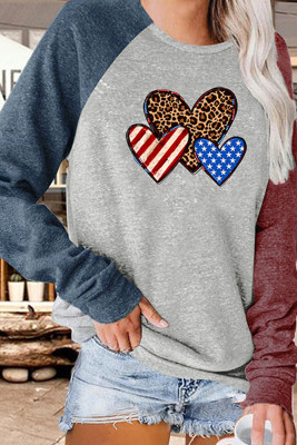 Leopard US Flag Heart Color Block Sleeves Plus Size Top