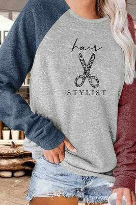 Scissors Print Color Block Sleeves Plus Size Top