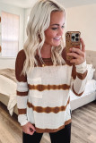 White Tie Dye Striped Loose Knitted Long Sleeve Top with Slits