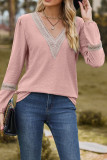 Plain V Neck Lace Puff Long Sleeves Top