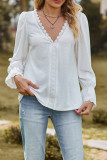 Plain V Neck Lace Puff Long Sleeves Blouse