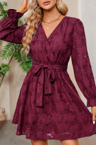Wine Red V Neck Puff Sleeves Dress