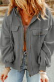 Gray Flap Pocket Drawstring Hood Zip Up Jacket