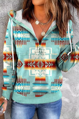 Blue Western Print Plus Size Hoodie