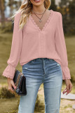Plain V Neck Lace Puff Long Sleeves Blouse