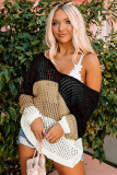 Black Color Block Eyelet Long Sleeve Twisted Back Knit Top