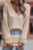 Apricot Ribbed Texture Lace Trim V Neck Long Sleeve Top