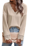Apricot Ribbed Texture Lace Trim V Neck Long Sleeve Top