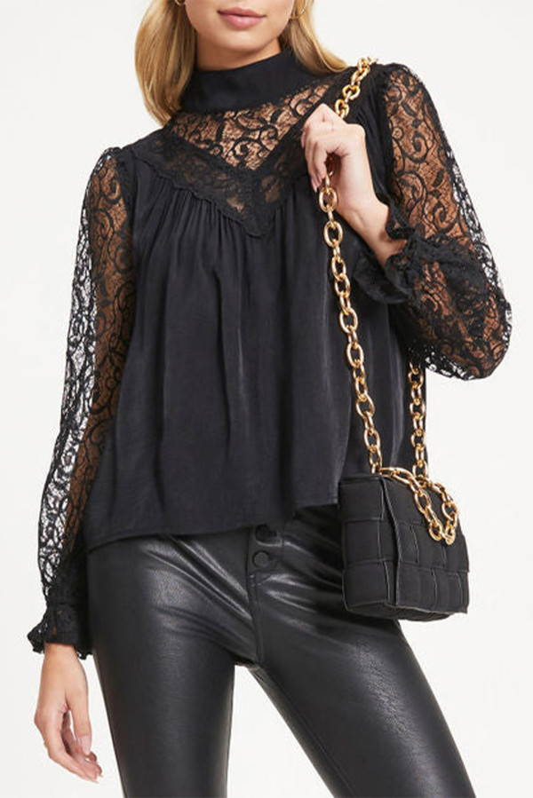 Black Mock Neck Lace Splicing Long Sleeve Blouse