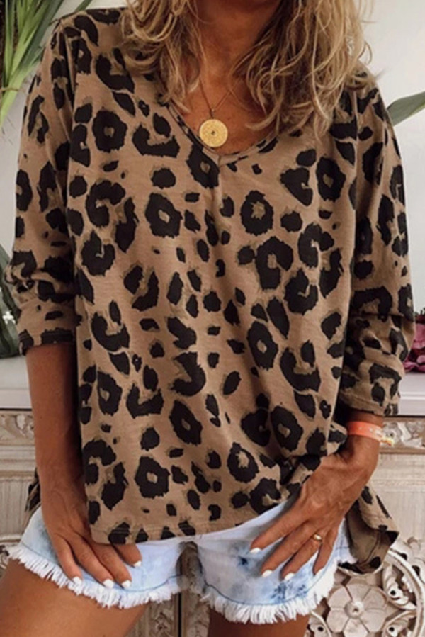 Brown Leopard Split Joint V Neck Long Sleeve Tops