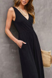 Plain Wrap V Neck Pockets Wide Leg Jumpsuit