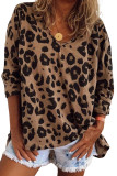 Brown Leopard Split Joint V Neck Long Sleeve Tops