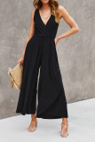 Plain Wrap V Neck Pockets Wide Leg Jumpsuit