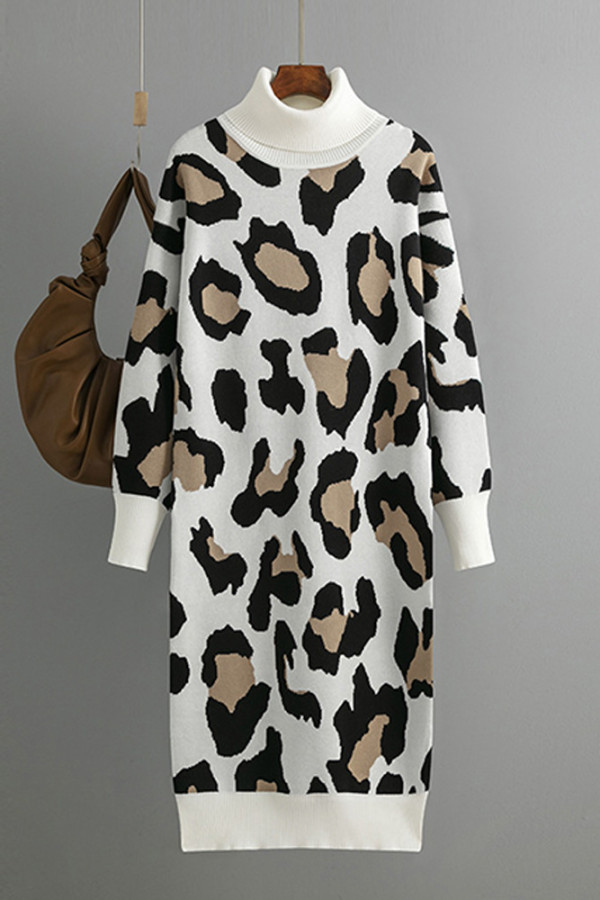 Turtleneck Leopard Knitting Sweater Dress