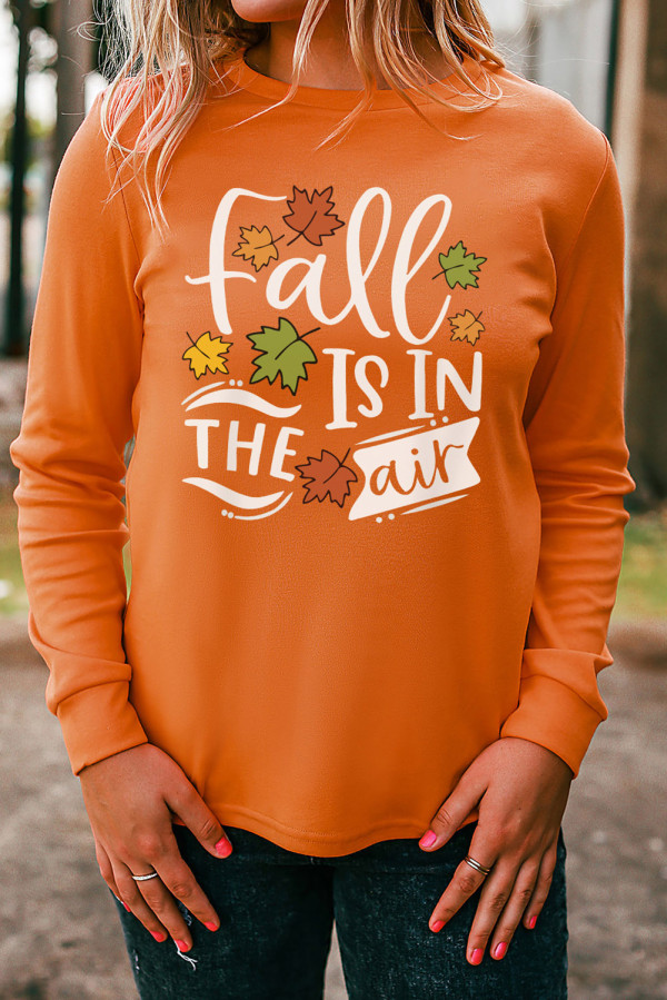 Orange Fall Is In The Air Printed Pullover Long Sleeve Top