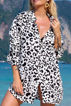 Leopard Stripes Button Beach Cover Up Kimono