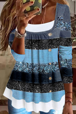 Blue Print Fake Two Pieces Side Button Long Sleeves Top