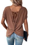 Brown Lace-up Open Back Waffle Knit Short Sleeve T Shirt