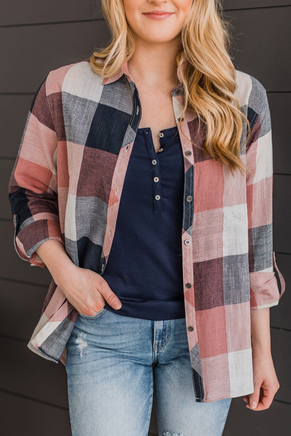 Multicolor Roll up Sleeve Plaid Pattern Shirt