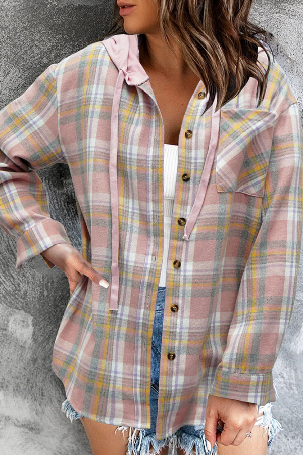 Plaid Button Front Hoodies Shacket Shirt