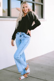 Black Solid Casual Round Neck Raglan Long Sleeve Tee