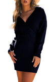 Black Cable Ribbed Knit V Neck Bodycon Sweater Dress