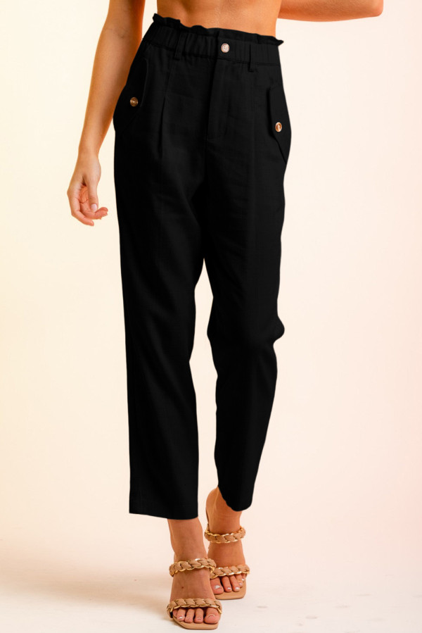 Black Button Flap Pocket High Waisted Linen Pants