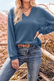 Plain V Neck Slope Shoulder Waffle Knit Long Sleeves Top