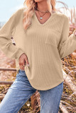 Plain V Neck Slope Shoulder Waffle Knit Long Sleeves Top