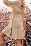 Plain Texture Square Neck Dress With Sash