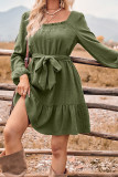 Plain Texture Square Neck Dress With Sash
