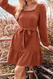 Plain Texture Square Neck Dress With Sash
