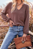 Plain V Neck Slope Shoulder Waffle Knit Long Sleeves Top