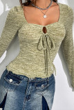 Mint Square Neck Hollow Out Lace Up Long Sleeves Top